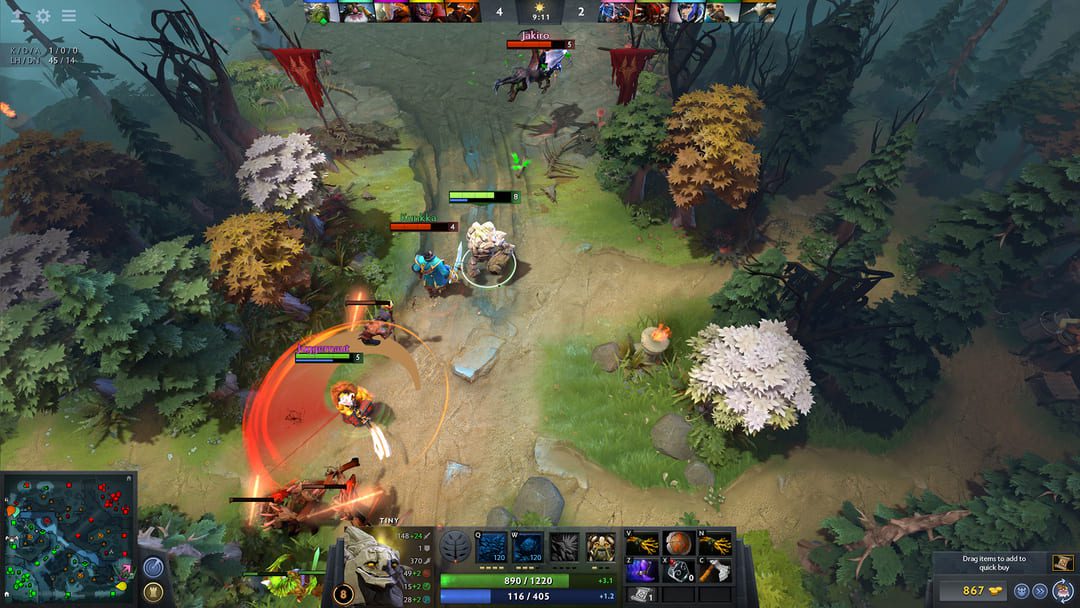 A screenshot from DOTA 2 showing a battle and the GUI