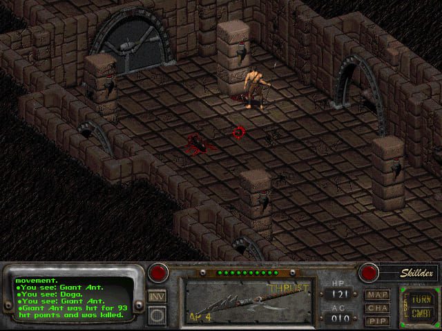 A screenshot from Fallout 2 showing a man standing behind a pillar