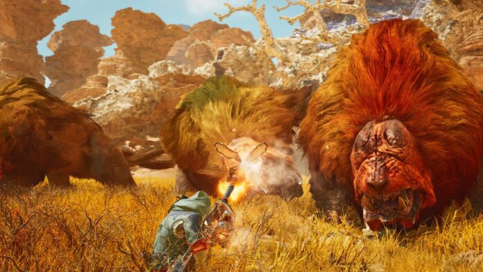 monsterhunterwildscover Monster Hunter Wilds release day reviews discuss launch day bugs and crashes. In this screenshot we see the hunter fighting several enormous beasts in a plains environment