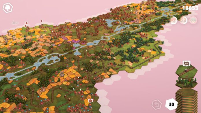 dorfromantikcover A screenshot from one of the best stress relief games of all time, Dorfromantik, showing a hex map of tiles forming a beautiful countryside with rivers, fields, and towns, all in fall colors
