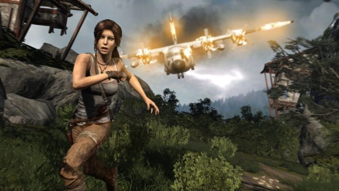 tombraidercover Lara Croft from Tomb Raider, one of the best games with female protagonists, runs away from a burning place falling toward her