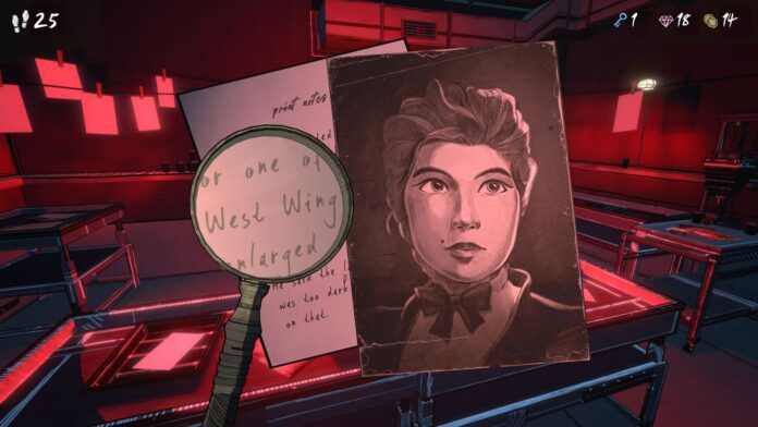 blue prince cover (1) A screenshot from the game Blue Prince showing a photograph of a woman, and a magnifying glass over a hand-written letter