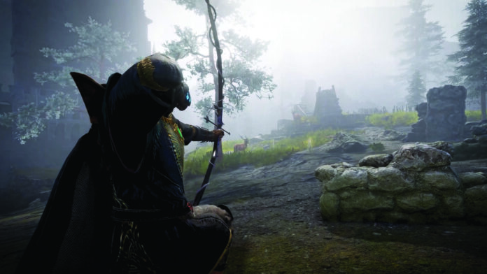 tainted grail the fall of avalon cover A hero points a bow at a deer in a foggy forest clearing in the game Tainted Grail The Fall of Avalon