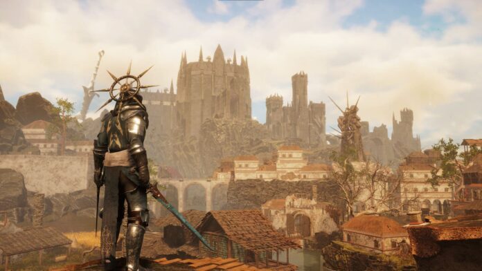 Tainted Grail The Fall of Avalon cover A screenshot from the game Tainted Grail: The Fall of Avalon, showing an armored man with a sword looking at a medieval city