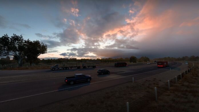 american truck simulator cover A screenshot from American Truck Simulator showing a freeway in the United States and a storm in the sunset