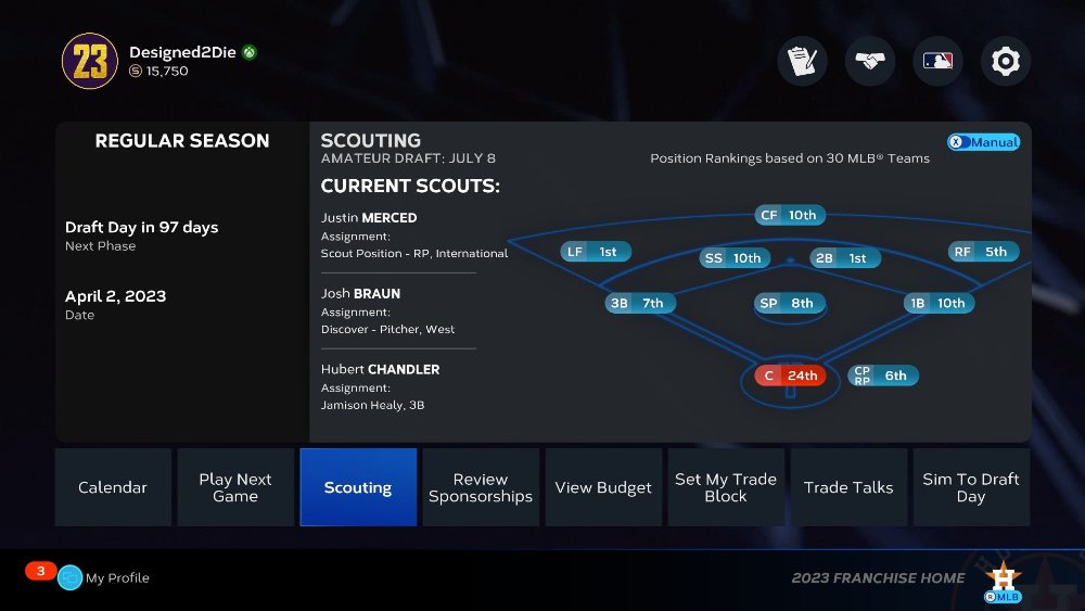 The menu for Franchise Mode in MLB The Show 23