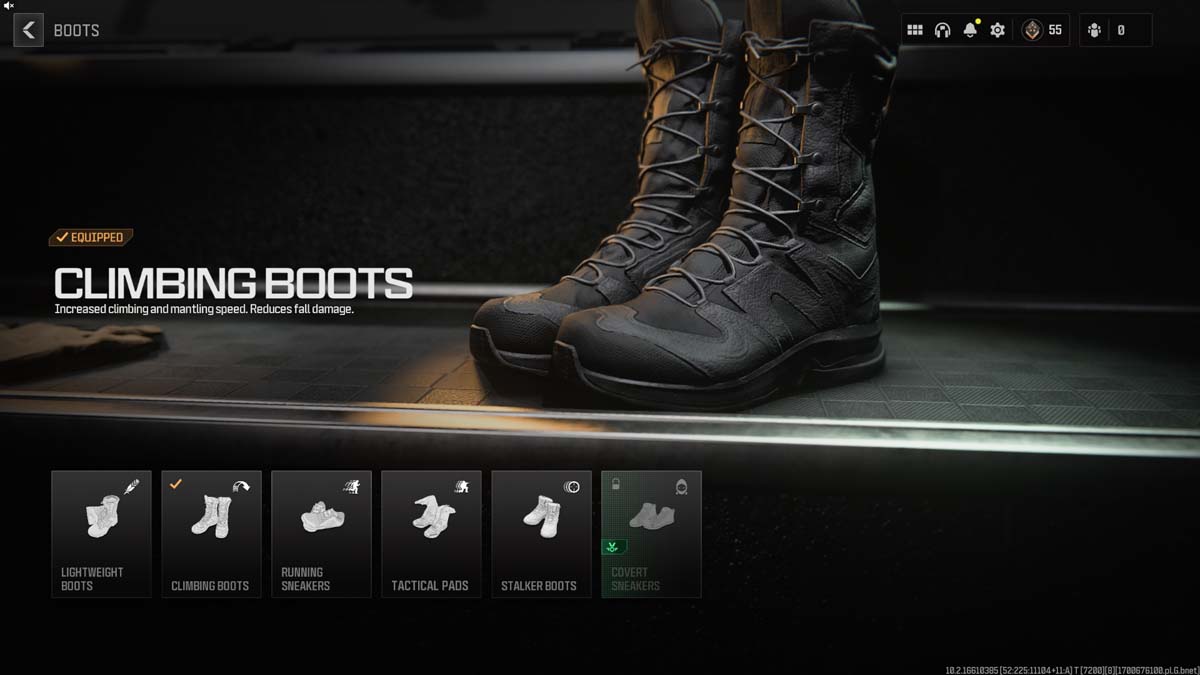 Close-up of the 'Climbing Boots' gear option in Call of Duty Modern Warfare III, offering increased climbing speed and reduced fall damage.