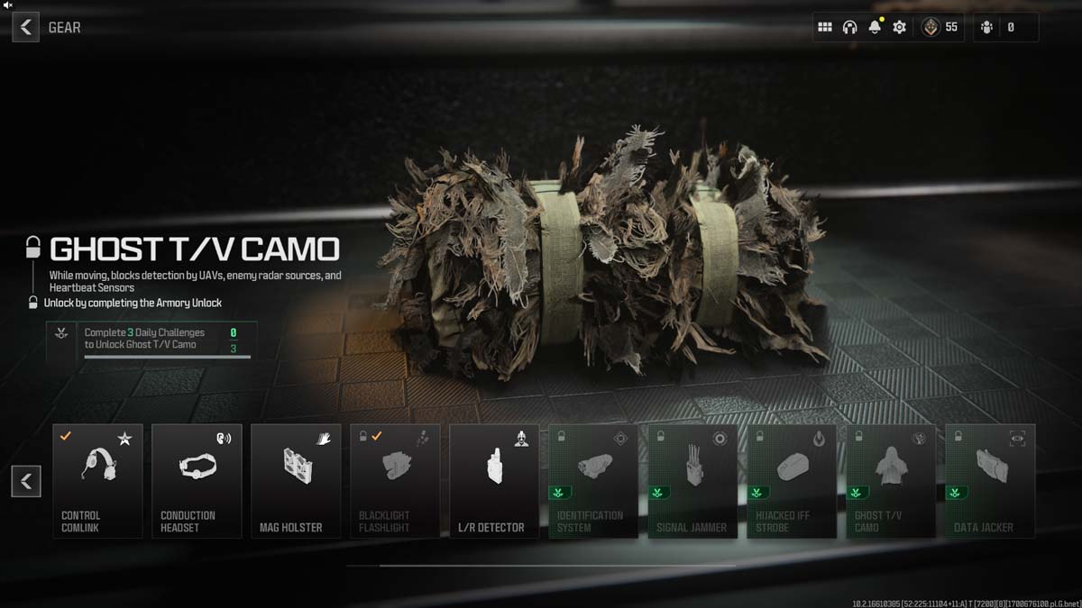 A display of the 'Ghost T/V Camo' gear in Call of Duty Modern Warfare III, which helps in evading detection by enemy radars and UAVs.