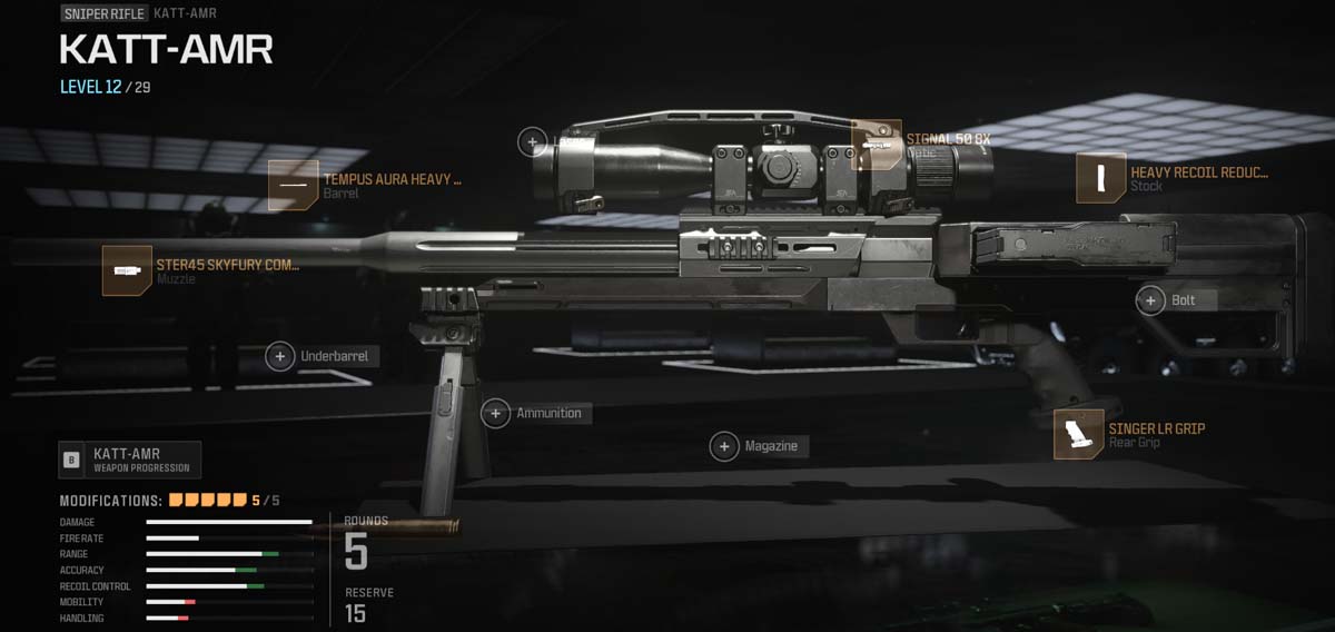 Detailed view of the KATT-AMR sniper rifle in Call of Duty Modern Warfare III, showing its attachments and stats.