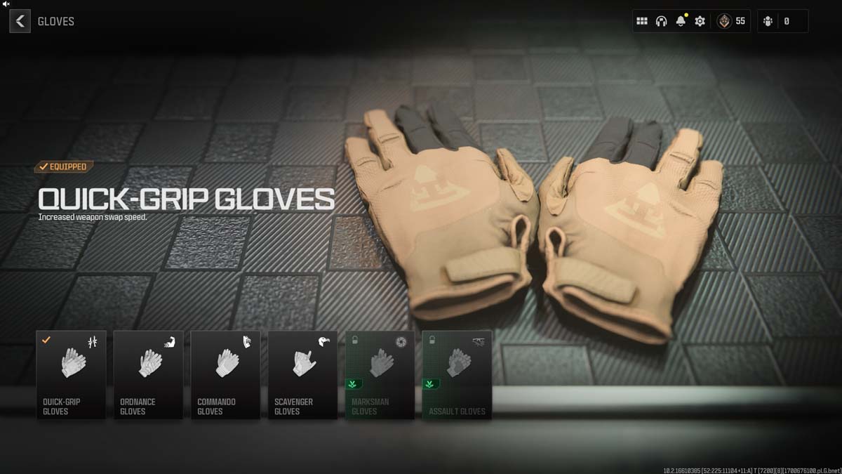 Quick-Grip Gloves gear displayed in Call of Duty Modern Warfare III, designed to speed up weapon swapping.