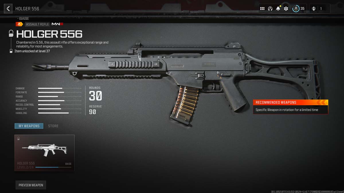 Holger 556 assault rifle with detailed statistics and customization options in a game interface.