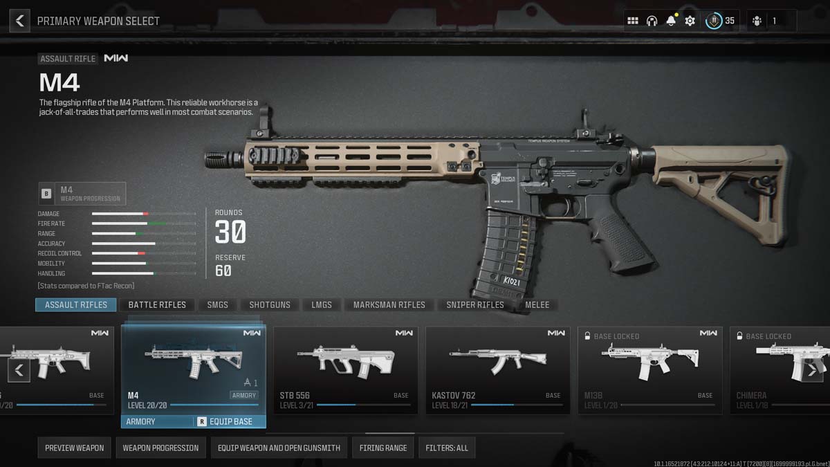 M4 assault rifle's in-game information with stats, level, and customization options.