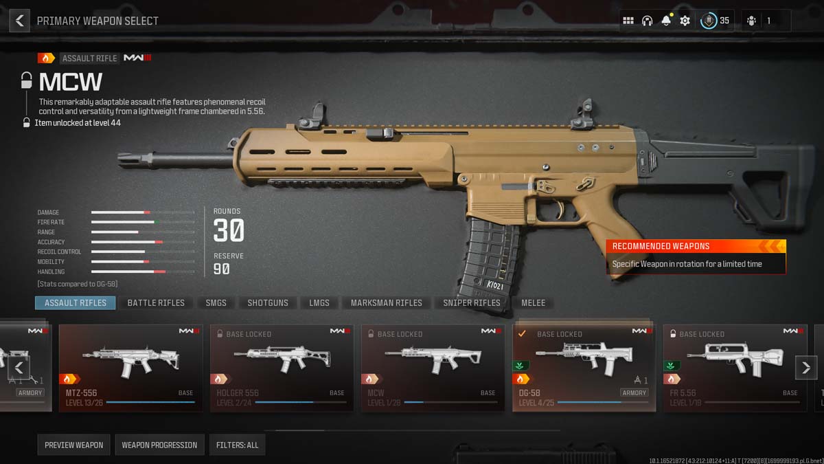 In-game screen showcasing MCW assault rifle with stats and progression bar.