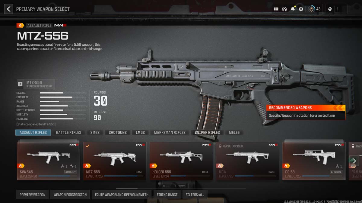 Detailed view of MTZ-556 assault rifle stats in the game's weapon selection screen.