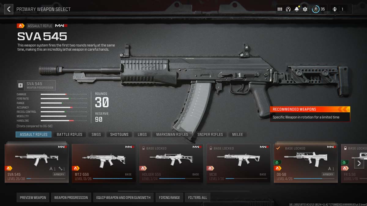 SVA 545 assault rifle with its stats and unlock requirements in the game's weapon selection interface.