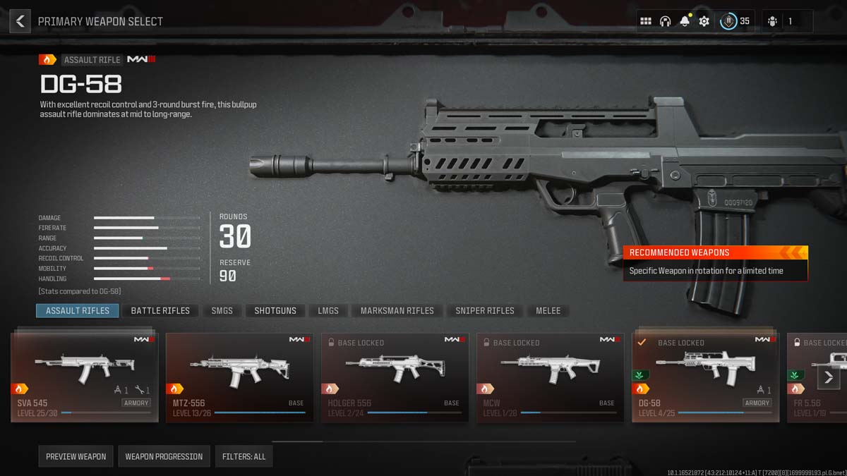 Display of DG-58 assault rifle with stats and unlock information in a weapon selection menu.