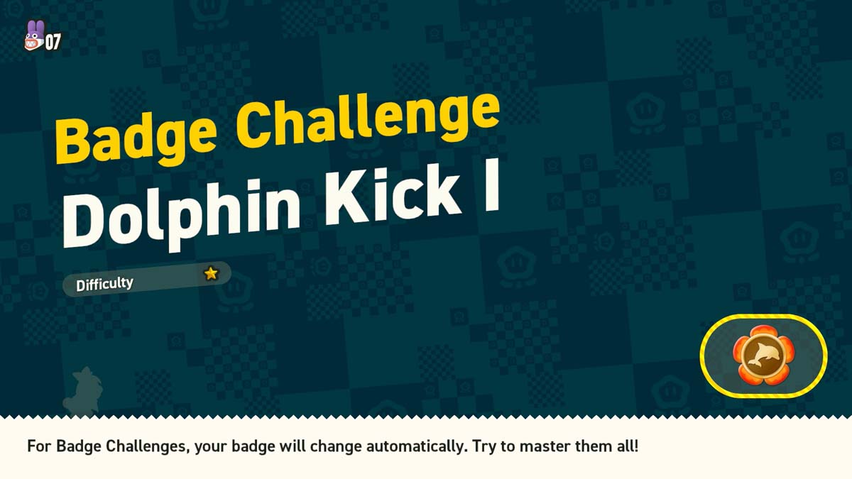 A screen showing the 'Dolphin Kick I' badge challenge with one-star difficulty from a video game interface.