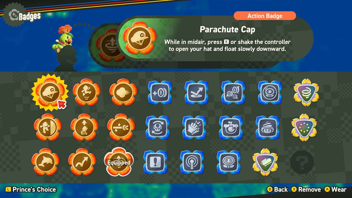 A selection screen from a video game displaying badges, with 'Parachute Cap' selected, describing its ability to float slowly downward when in midair.