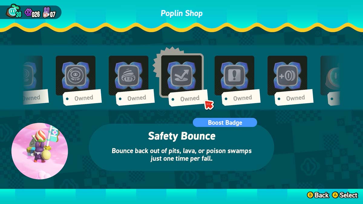 Ein Shop-Interface aus einem Videospiel mit "Safety Bounce" als Boost-Abzeichen, das die einmalige Fähigkeit beschreibt, von Gefahren zurückzuspringen.