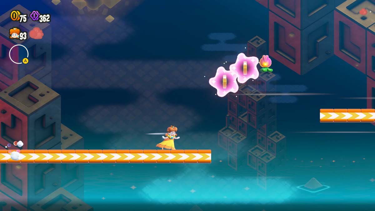 Daisy character navigating through pink clouds and platforms in a Super Mario Bros. game.