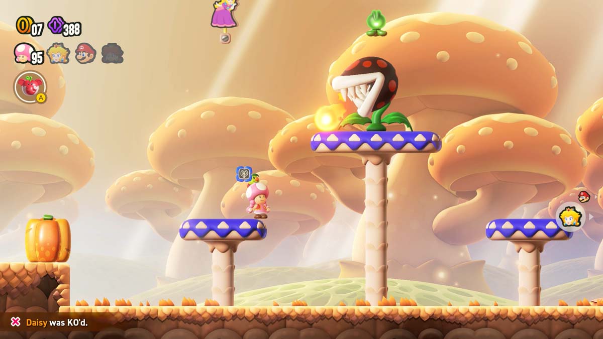 Toadette dodging a giant Piranha Plant in a mushroom-themed Super Mario Bros. game level