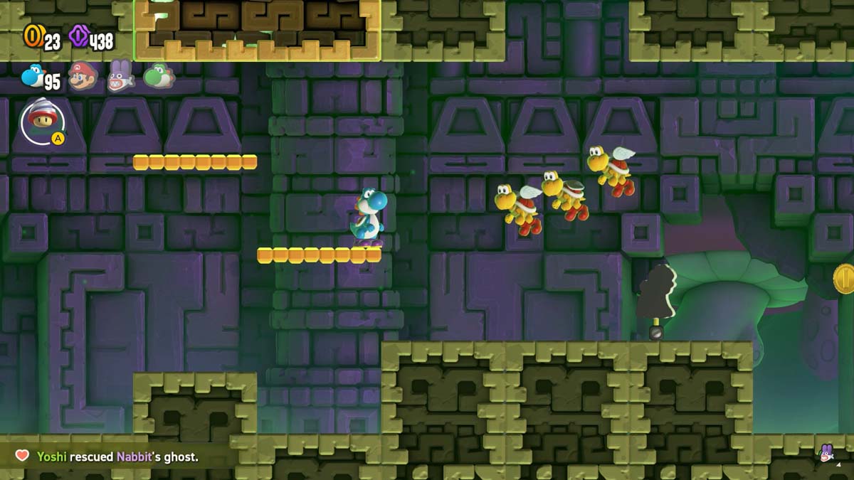 Yoshi jumping and collecting coins in a castle level of a Super Mario Bros. game