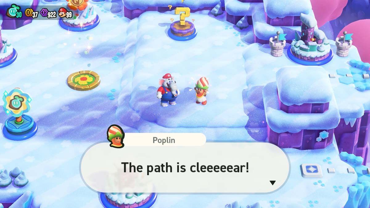 In-game scene from 'Super Mario Bros Wonder' where character Poplin declares 'The path is cleeeear!' with Mario and another character standing in a snowy landscape.