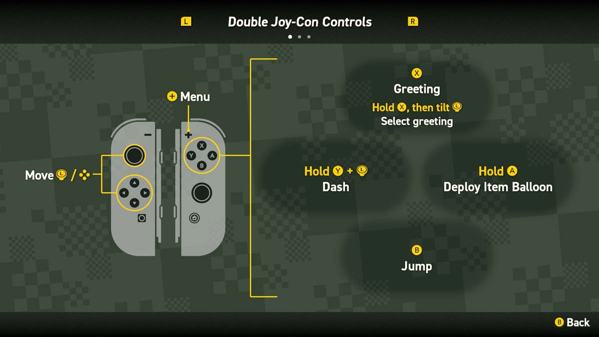 Control guide for 'Super Mario Bros Wonder' using double Joy-Con controllers, illustrating movement, greeting, dashing, and jumping actions.