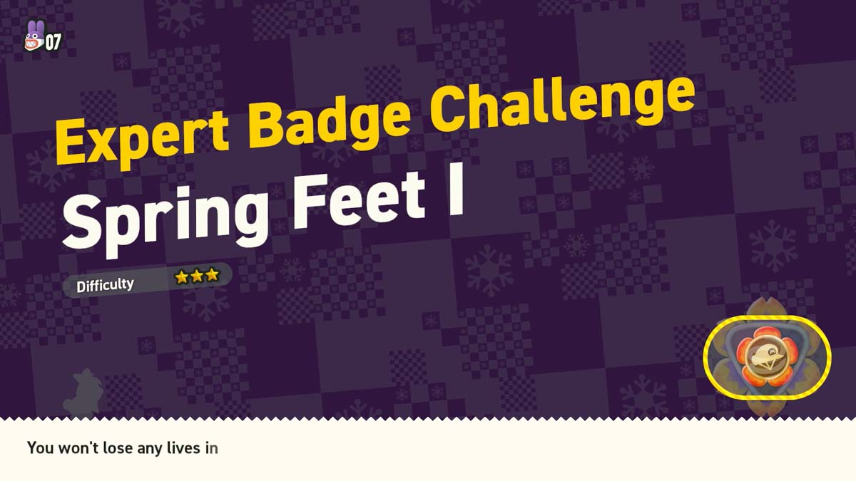 Ein "Expert Badge Challenge"-Bildschirm für "Spring Feet I" mit einem Drei-Sterne-Schwierigkeitsgrad von einer Videospieloberfläche.