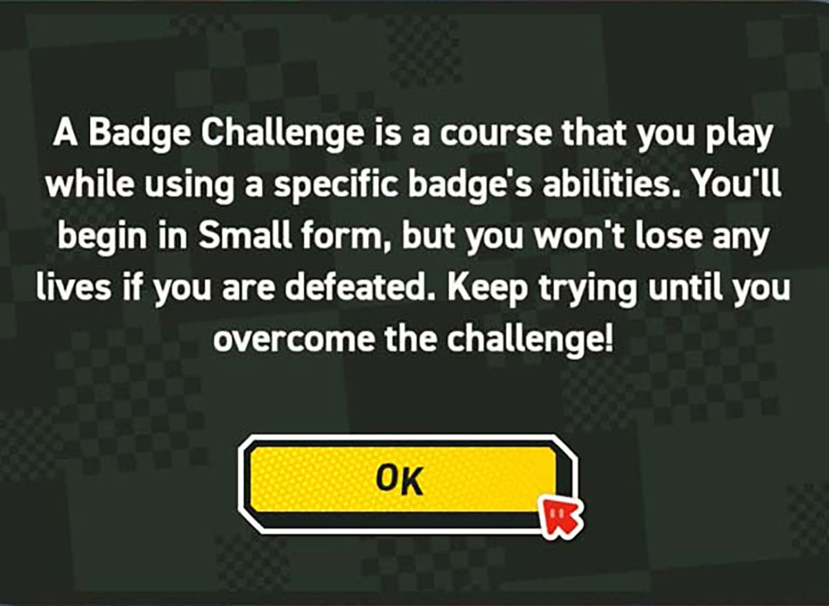 text box from a video game explaining that a Badge Challenge is a course that doesn't result in losing lives when defeated and encourages continuous attempts.