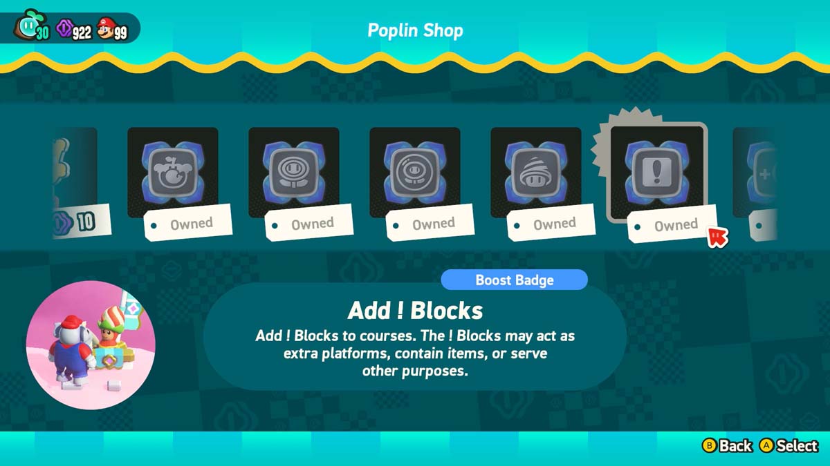 In-game 'Poplin Shop' screen from 'Super Mario Bros Wonder' showing available power-up items like 'Boost Badge' and 'Add ! Blocks'.