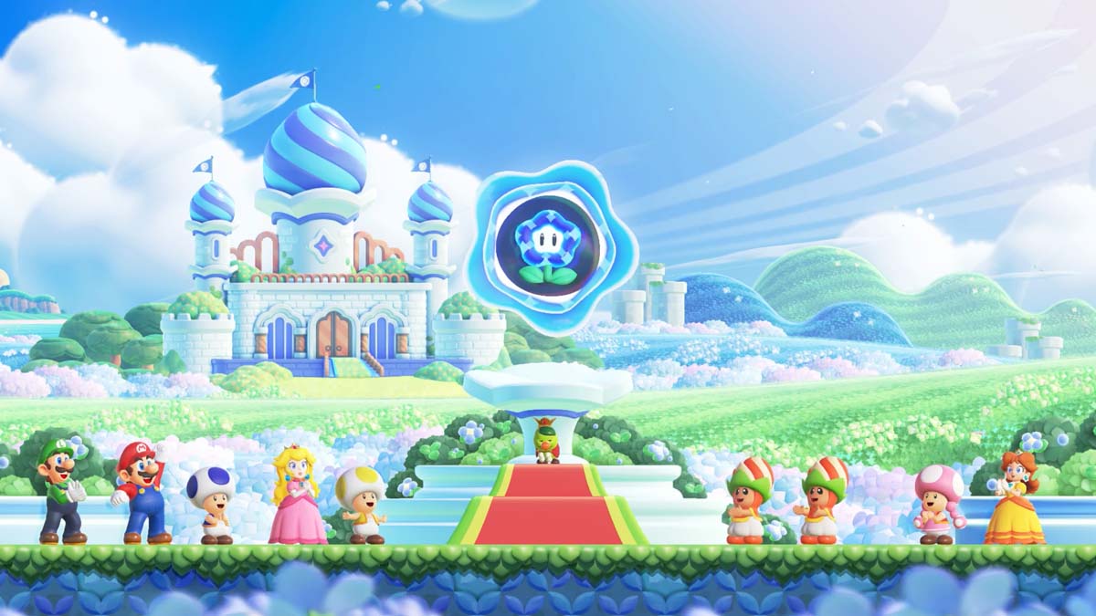 Helle und farbenfrohe Begrüßungsszene im Schloss in "Super Mario Bros Wonder" mit Mario, Luigi, Prinzessin Peach und anderen Figuren, die feiern