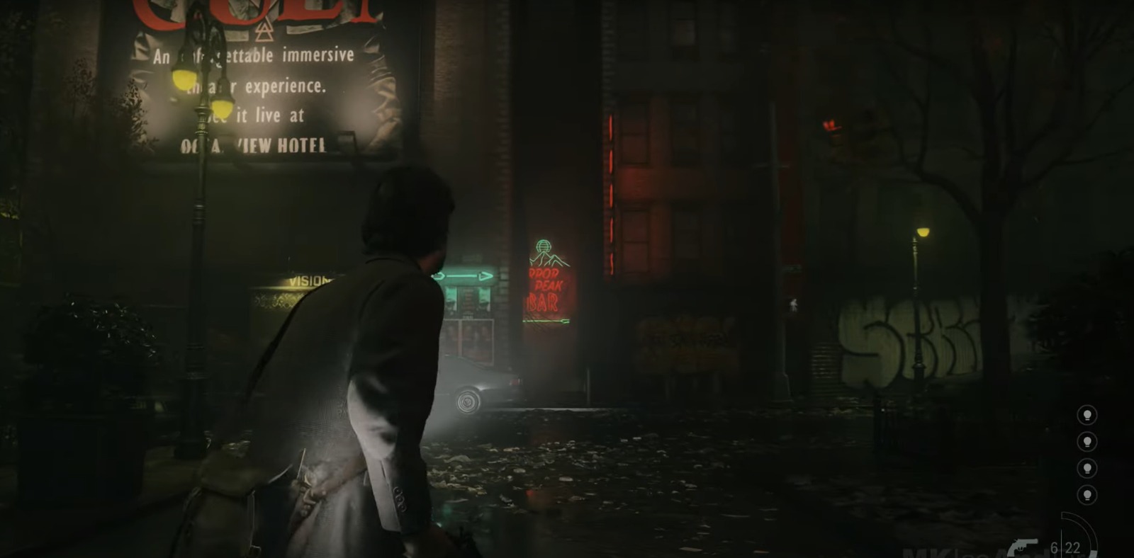 A mysterious figure stands in a foggy city street at night, with neon signs glowing in the background.