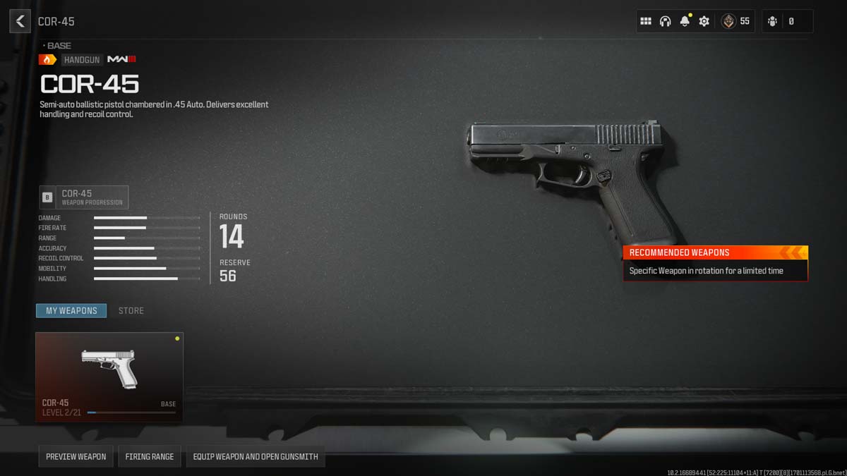 In-game image displaying the COR-45 pistol's statistics and design in Call of Duty: Modern Warfare III.