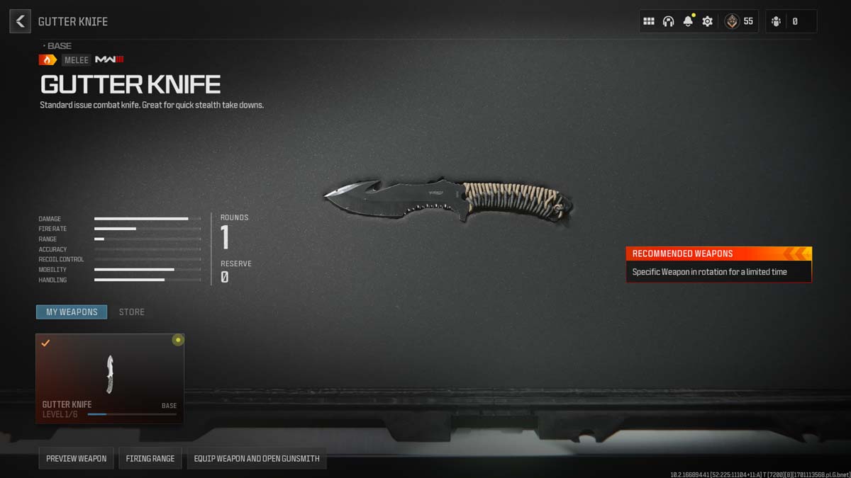 Digital display of the Gutter Knife with its detailed statistics for the game Call of Duty: Modern Warfare III.