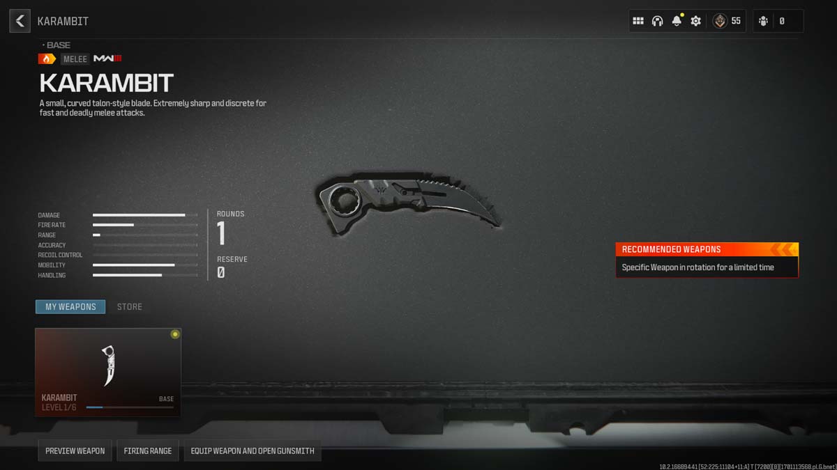 Game graphic showing the Karambit knife with its stats, a weapon in Call of Duty: Modern Warfare III.