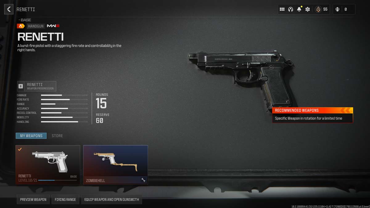 In-game image displaying the COR-45 pistol's statistics and design in Call of Duty: Modern Warfare III.