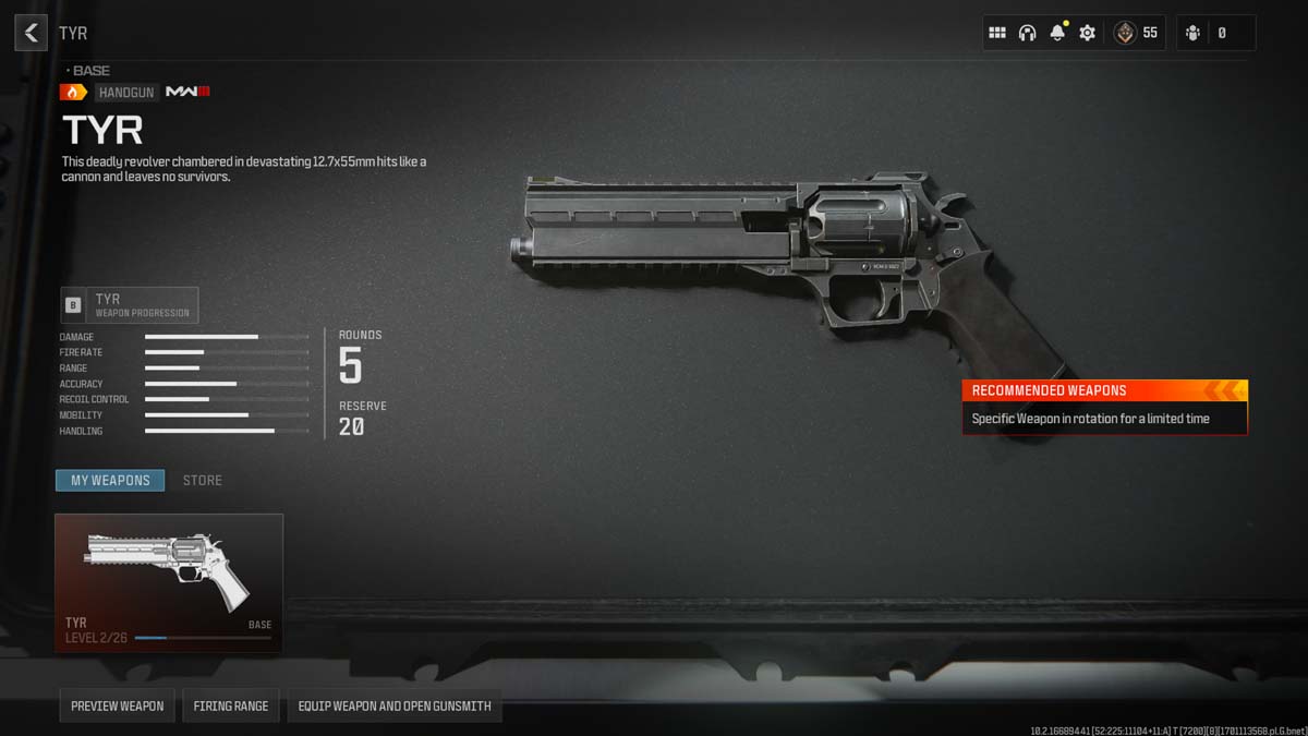 Game interface image showing the TYR revolver with its in-game damage and handling stats in Call of Duty: Modern Warfare II.