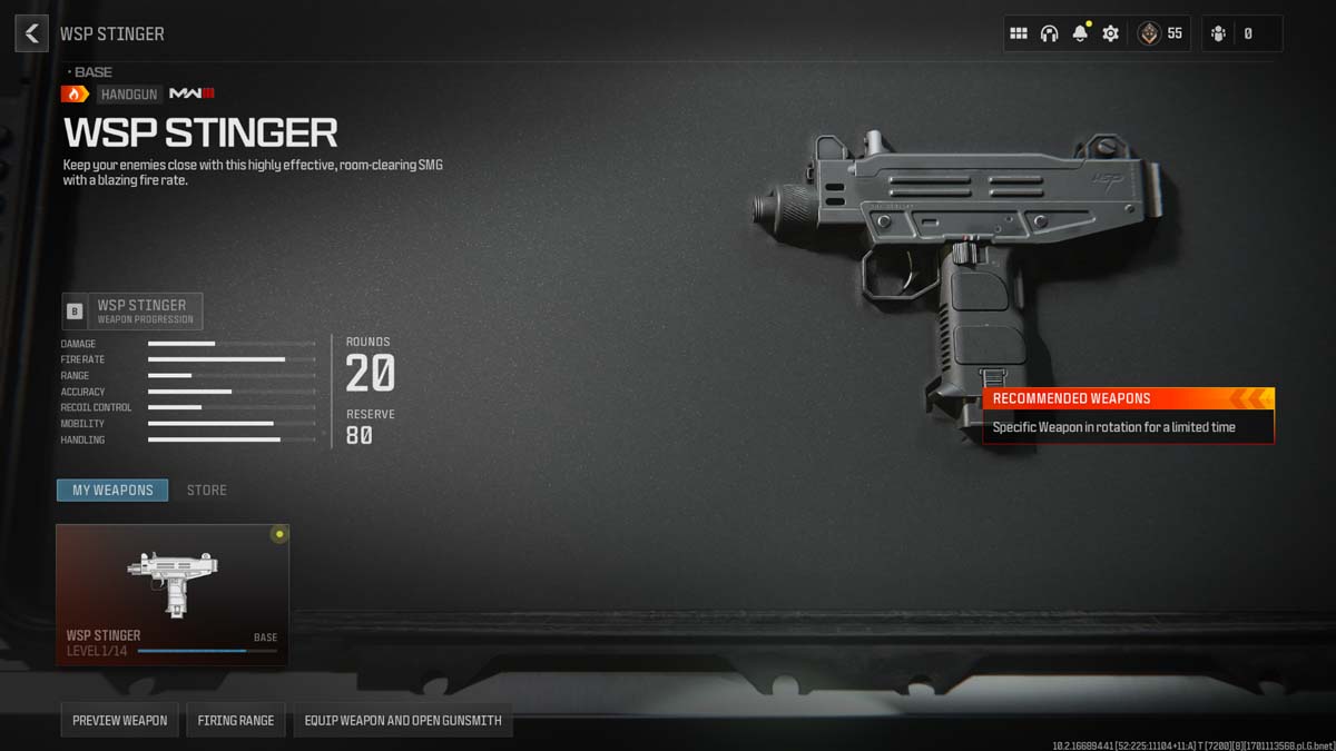 Visual display of the WSP Stinger submachine gun with its detailed game stats in Call of Duty: Modern Warfare III.