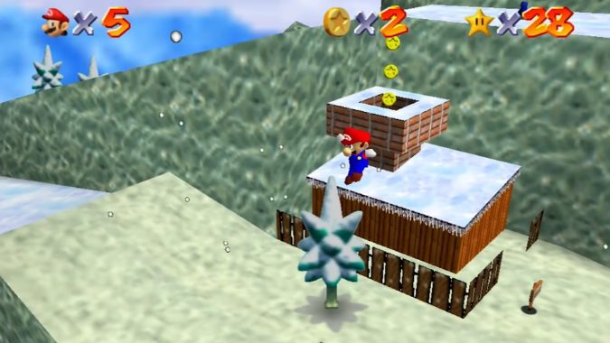 Mario leaping through a snowy landscape with a chalet and snow-covered trees in 'Super Mario 64'.