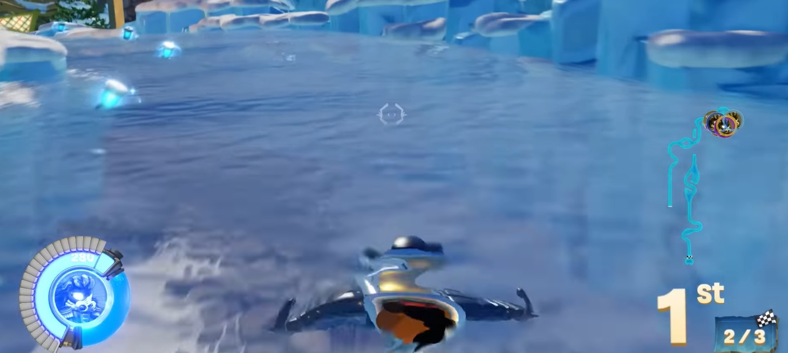 First-person view of a player racing through a frosty water track in a vibrant, icy environment.