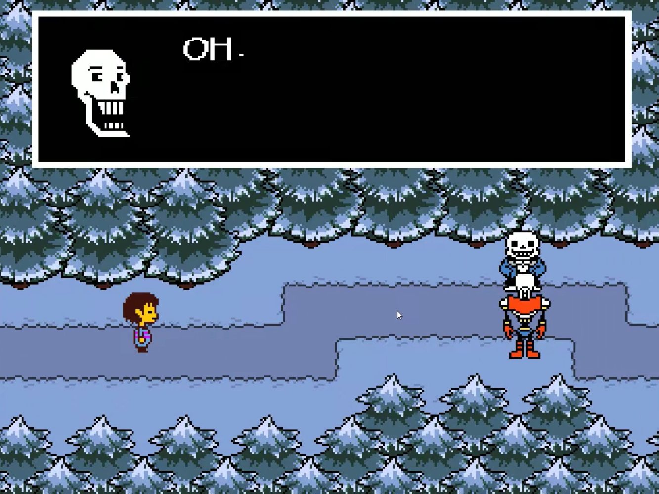 Dialogue scene from 'Undertale' with the character Sans in a snowy landscape, a speech bubble reading 'OH.' above him.