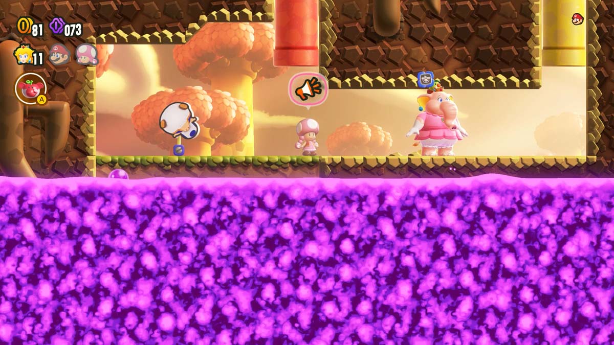 Princess Peach navigating through an underground level with purple poison below