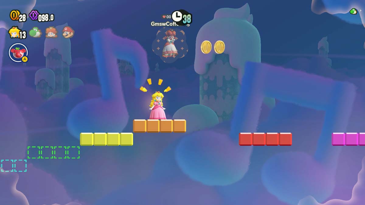 Princess Peach balancing on colorful musical blocks in a dreamy, dark-blue nocturnal setting