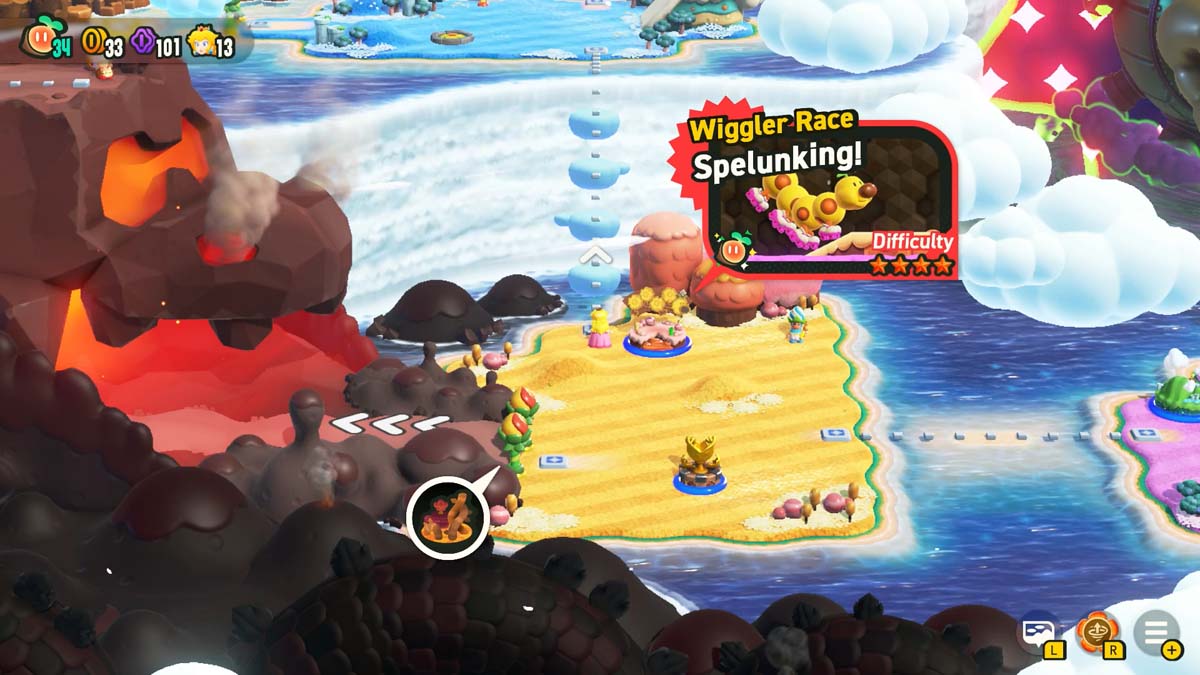 A beach scene with a 'Wiggler Race Spelunking' challenge, set against a backdrop of fiery mountains of Super Mari Bros wonder game.