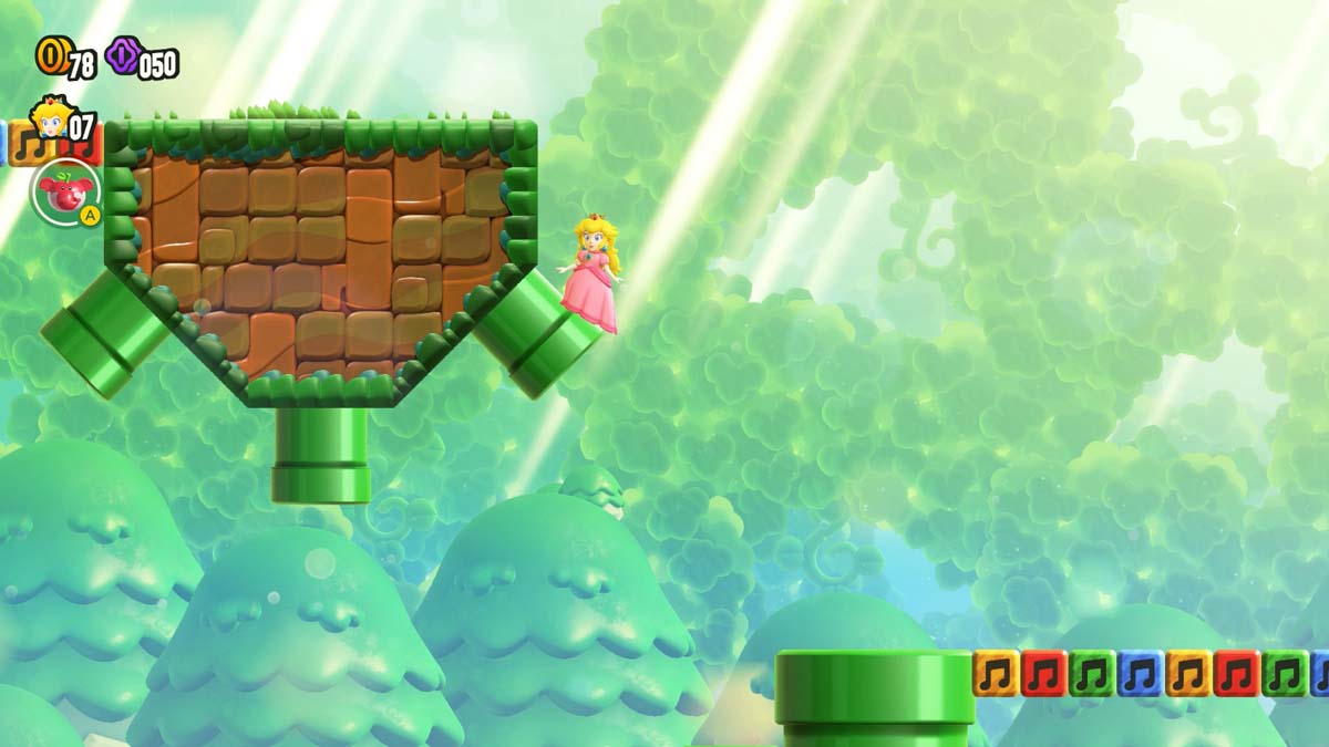 Princess Peach emerging from a green pipe in a lush, green forest with beams of sunlight filtering through.