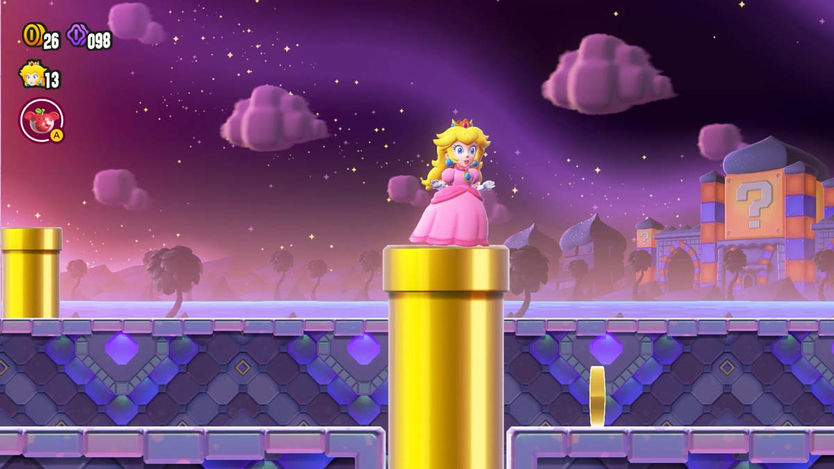 Princess Peach stands atop a golden pipe against a mystical purple sky, highlighting the game's twilight aesthetics.