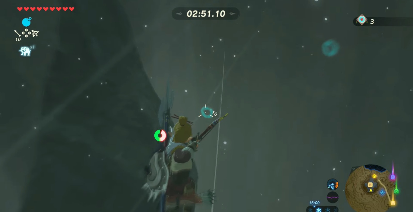 An archer clad in green prepares to shoot an arrow in a snowy, mountainous environment at night.