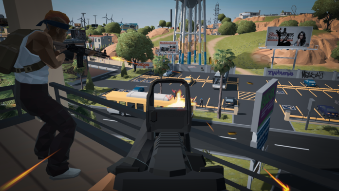 OUTLAWED A screenshot from the extraction shooter game OUTLAWED showing in first-person a player firing a weapon from an elevated space down onto a parking lot