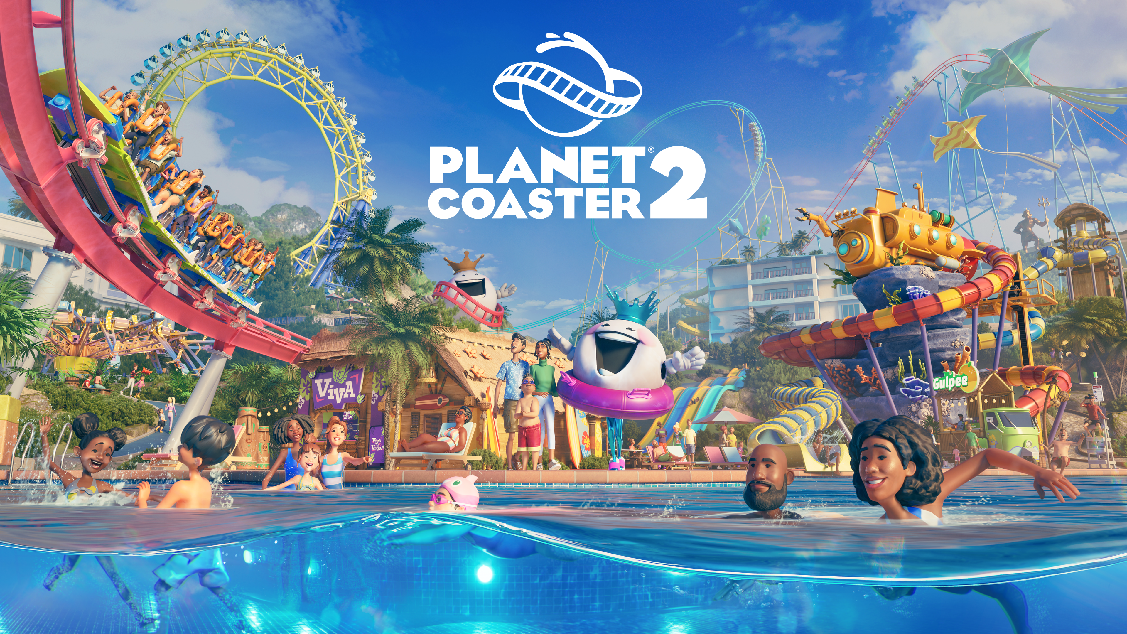 Key art for Planet Coaster 2 showing people in a pool in an amusement park